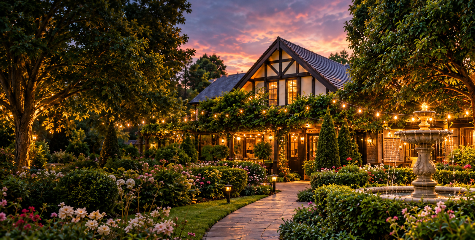 Tudor Lodge illuminated garden with water fountain and fairy lights