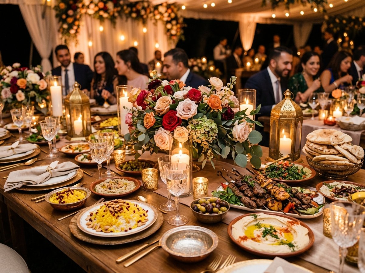 Middle Eastern Cuisine candlelit banquet with roasted skewers and saffron rice